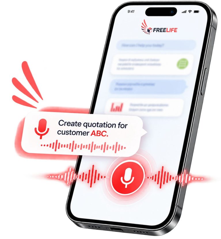 The FreeLife app on a phone, with a voice request reading: Create quotation for customer ABC.