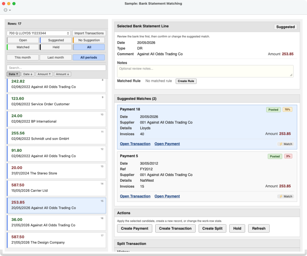 Bank statement matching in Standard ERP: imported bank lines on the left, and for the selected line two suggested payment matches with confidence scores and buttons to create a payment or transaction.