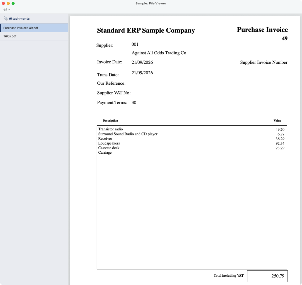 File viewer in Standard ERP: a list of attachments on the left and a purchase invoice PDF displayed inside the record on the right.