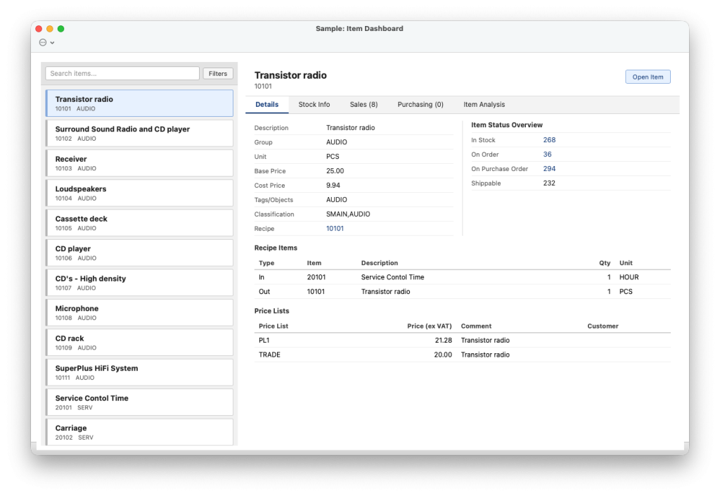 Item dashboard in Standard ERP: an item list on the left, and for the selected item its details, stock in hand, on order and on purchase order, recipe items and price lists.